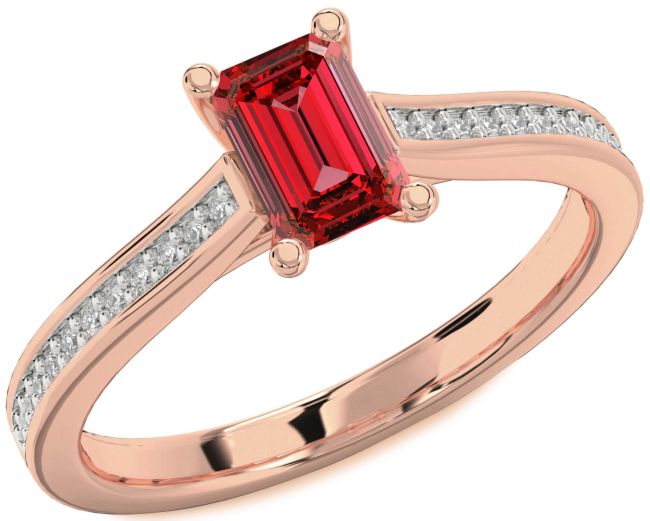 Diamond Ruby Rose Gold Silver Ruby Cut Solitaire Pave Engagement Ring