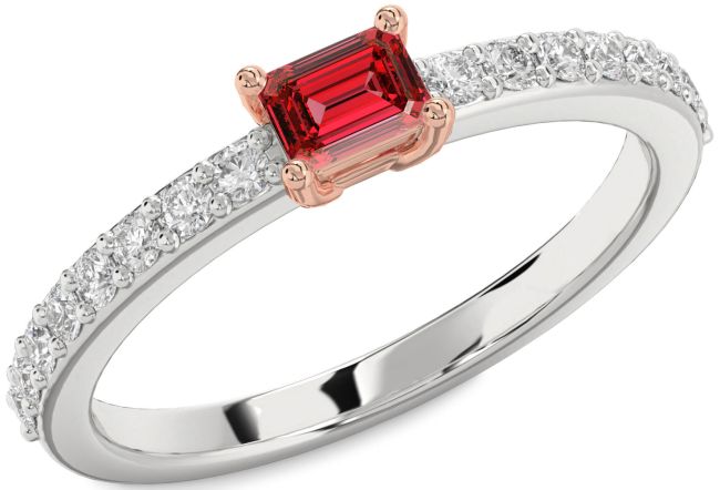 Diamond Ruby White Rose Gold Ruby Cut Solitaire Pave Engagement Ring