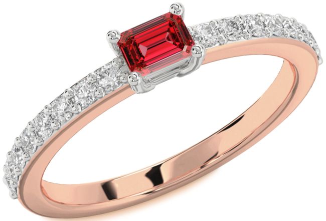 Diamond Ruby Rose Gold Silver Ruby Cut Solitaire Pave Engagement Ring