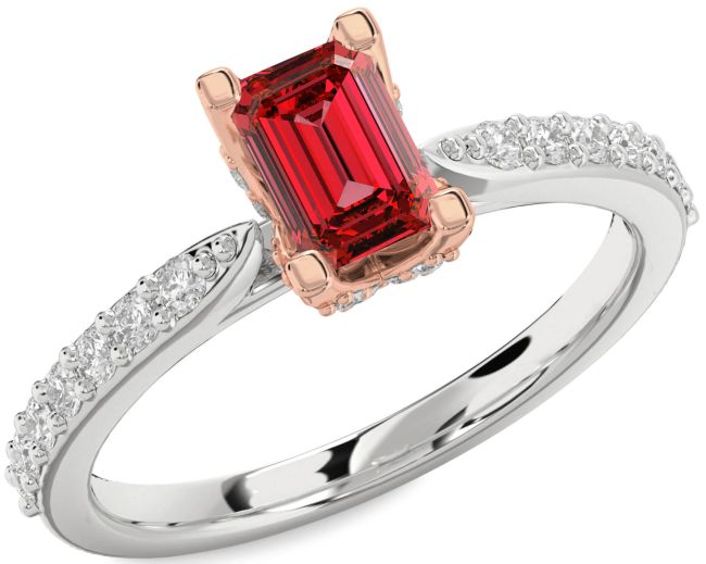 Diamond Ruby Rose Gold Silver Ruby Cut Solitaire Pave Engagement Ring