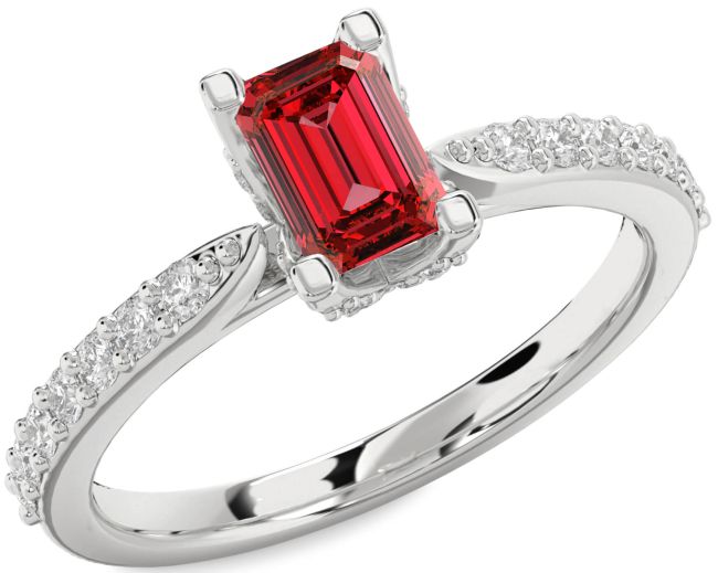 Diamond Ruby Silver Ruby Cut Solitaire Pave Engagement Ring