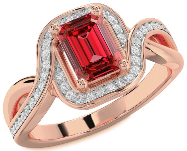 Diamond Ruby Rose Gold Silver Halo Ruby Cut Pave Engagement Ring