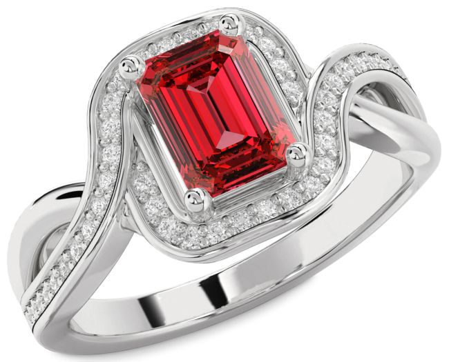 Diamond Ruby Silver Halo Ruby Cut Pave Engagement Ring