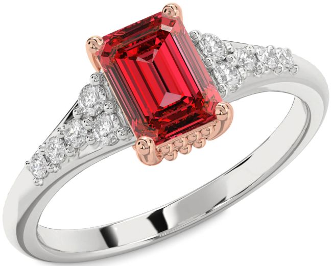 Diamond Ruby Silver & 10K Rose Gold Ruby Cut Engagement Ring