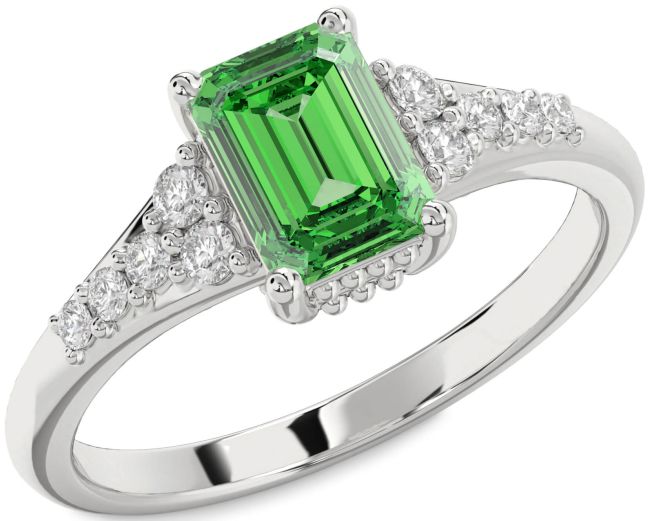 Diamond Emerald Silver Emerald Cut Engagement Ring