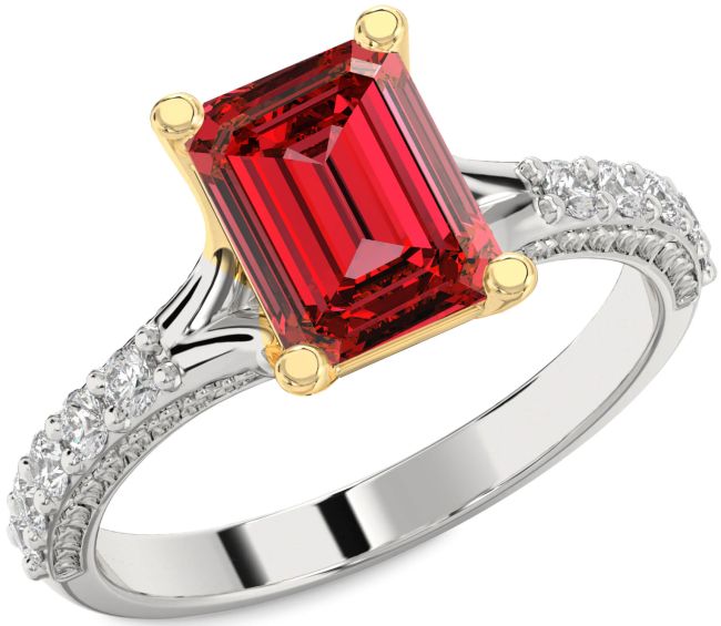 Diamond Ruby Gold Silver Ruby Cut Solitaire Pave Engagement Ring