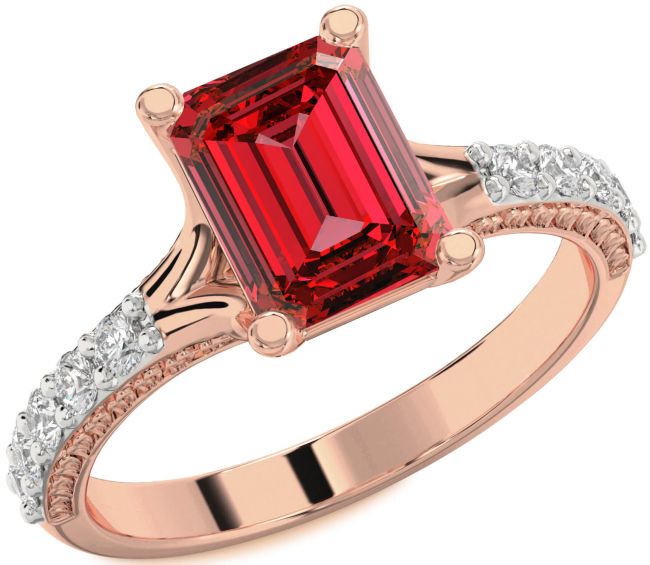 Diamond Ruby Rose Gold Silver Ruby Cut Solitaire Pave Engagement Ring