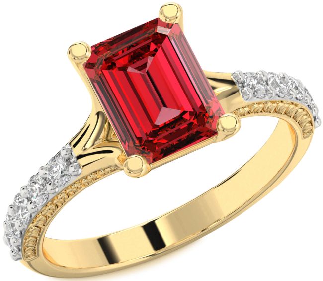 Diamond Ruby Gold Silver Ruby Cut Solitaire Pave Engagement Ring