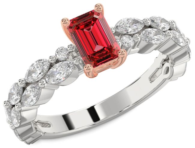 Diamond Ruby Silver & 10K Rose Gold Ruby Cut Engagement Ring