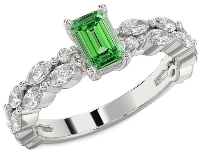 Diamond Emerald Silver Emerald Cut Engagement Ring