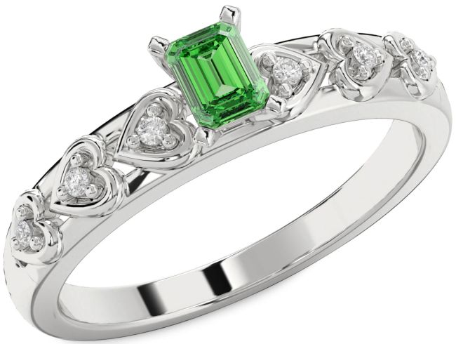 Diamond Emerald Silver Heart Promise Ring
