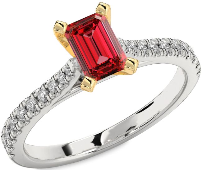 Diamond Ruby Gold Silver Ruby Cut Solitaire Pave Engagement Ring