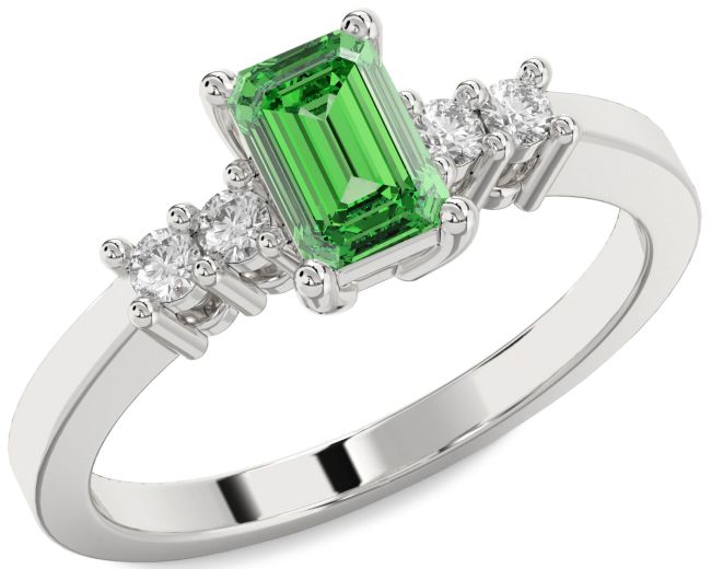 Diamond Emerald Silver Emerald Cut Engagement Ring