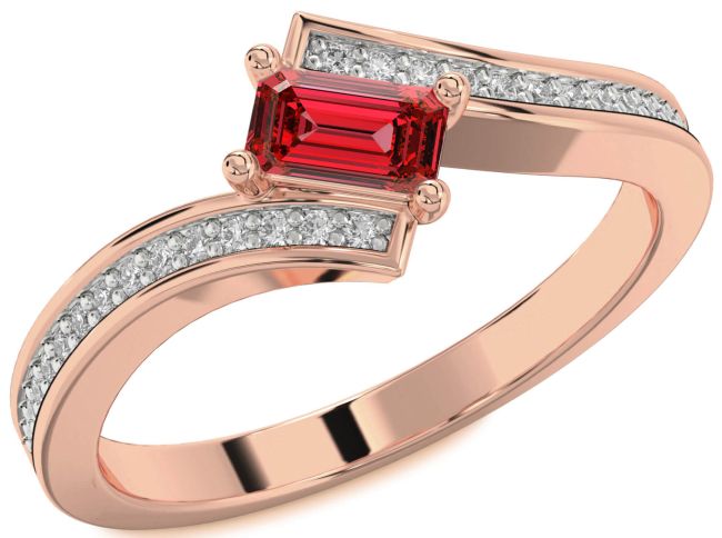 Diamond Ruby Rose Gold Silver Ruby Cut Solitaire Pave Engagement Ring