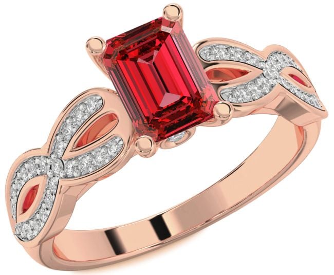 Diamond Ruby Rose Gold Silver Infinity Ruby Cut Solitaire Pave Engagement Ring
