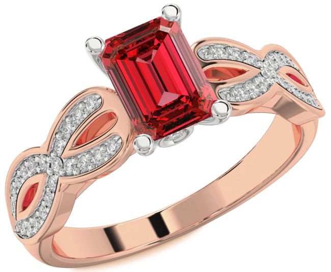 Diamond Ruby Rose Gold Silver Infinity Ruby Cut Solitaire Pave Engagement Ring
