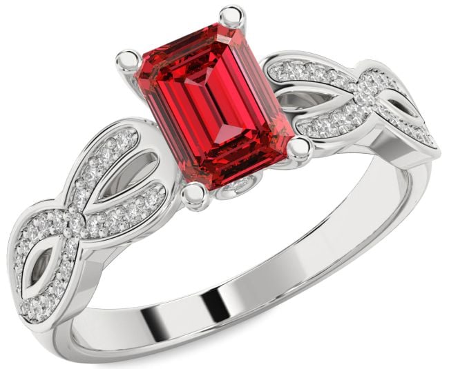 Diamond Ruby Silver Infinity Ruby Cut Solitaire Pave Engagement Ring