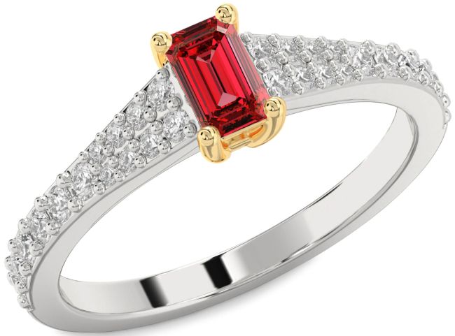 Diamond Ruby Platinum & Yellow Gold Ruby Cut Solitaire Pave Engagement Ring