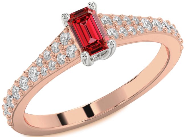 Diamond Ruby Rose Gold Silver Ruby Cut Solitaire Pave Engagement Ring