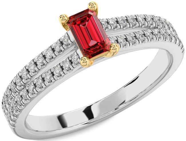 Diamond Ruby Gold Silver Ruby Cut Solitaire Pave Engagement Ring