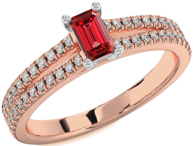 Diamond Ruby Rose Gold Silver Ruby Cut Solitaire Pave Engagement Ring