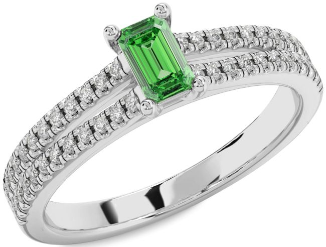 Diamond Emerald Silver Emerald Cut Solitaire Pave Engagement Ring