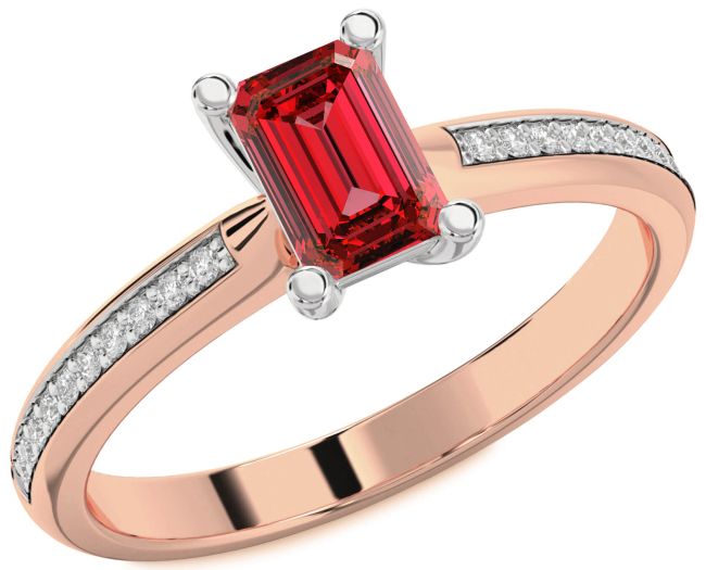 Diamond Ruby Rose Gold Silver Ruby Cut Solitaire Pave Engagement Ring