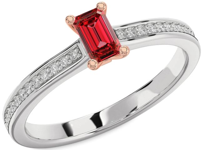Diamond Ruby Rose Gold Silver Ruby Cut Solitaire Pave Engagement Ring