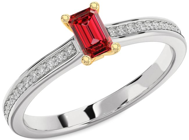 Diamond Ruby Platinum & Yellow Gold Ruby Cut Solitaire Pave Engagement Ring