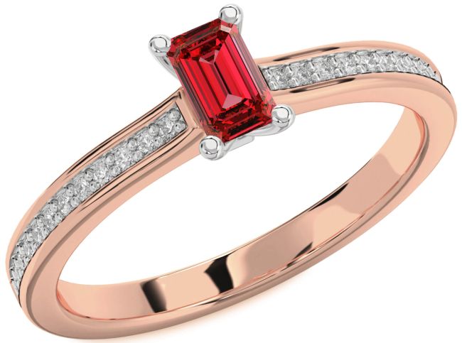 Diamond Ruby Rose Gold Silver Ruby Cut Solitaire Pave Engagement Ring
