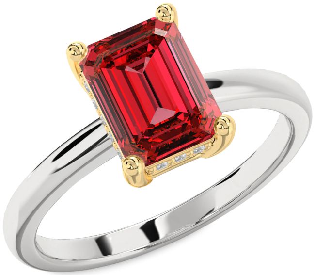 Diamond Ruby Silver & 10K gold Ruby Cut Solitaire Engagement Ring