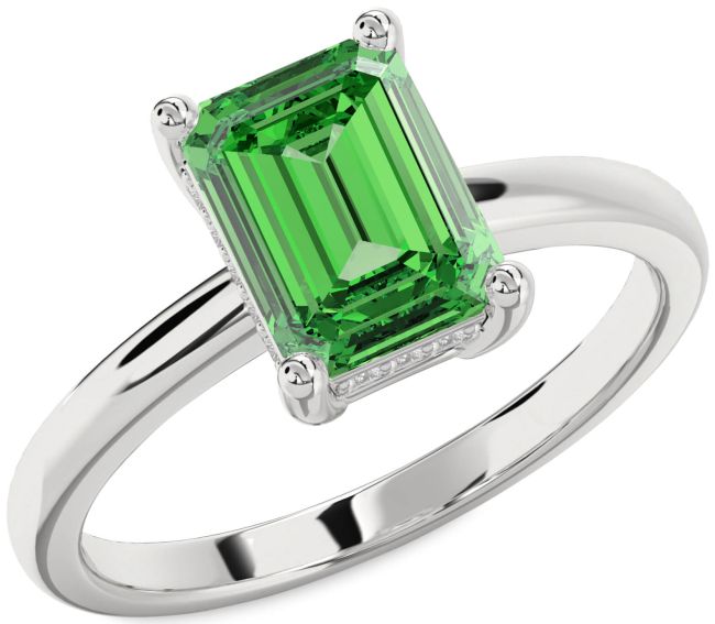 Diamond Emerald Silver Emerald Cut Solitaire Engagement Ring