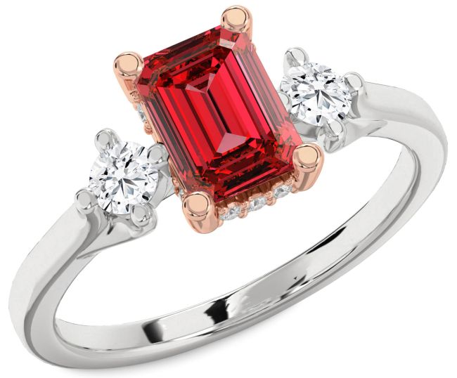Diamond Ruby Silver & 10K Rose Gold Ruby Cut Three Stone Engagement Ring