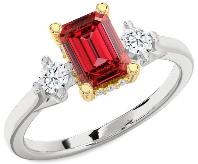 Diamond Ruby Gold Silver Ruby Cut Three Stone Engagement Ring