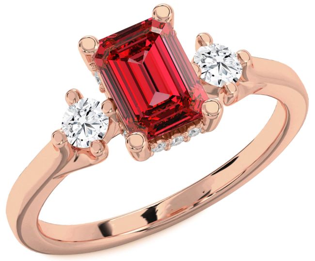 Diamond Ruby Rose Gold Ruby Cut Three Stone Engagement Ring