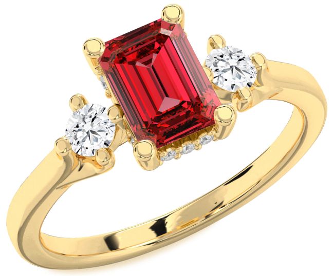 Diamond Ruby Gold Silver Ruby Cut Three Stone Engagement Ring