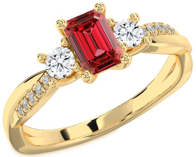 Diamond Ruby Gold Silver Ruby Cut Three Stone Pave Engagement Ring