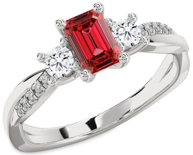 Diamond Ruby Platinum Ruby Cut Three Stone Pave Engagement Ring