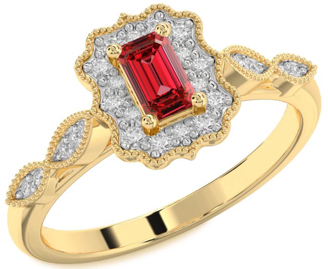 Diamond Ruby Gold Silver Halo Ruby Cut Engagement Ring