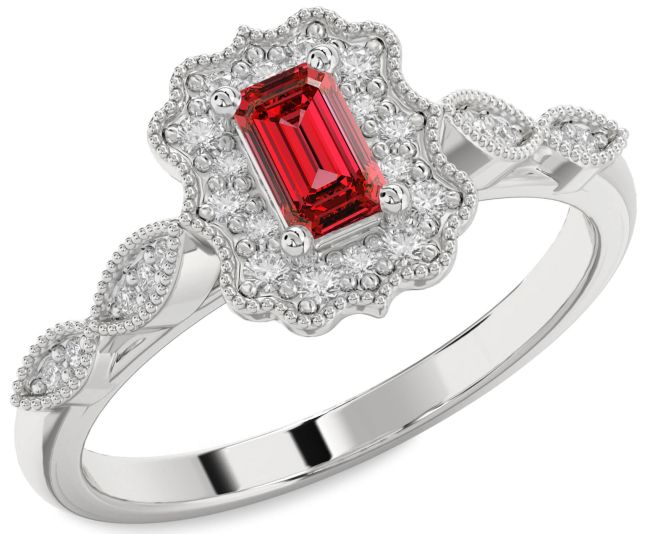Diamond Ruby Silver Halo Ruby Cut Engagement Ring