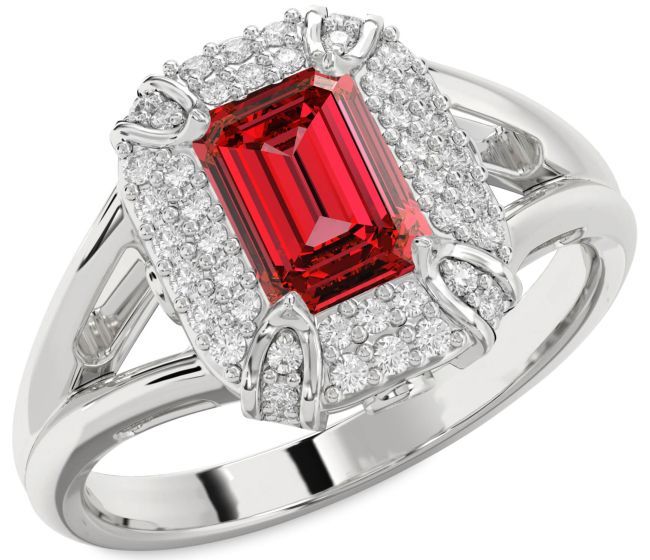 Diamond Ruby Platinum Halo Ruby Cut Engagement Ring