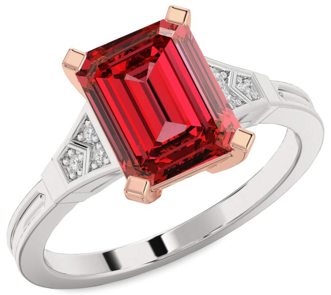 Diamond Ruby Silver & 10K Rose Gold Ruby Cut Engagement Ring