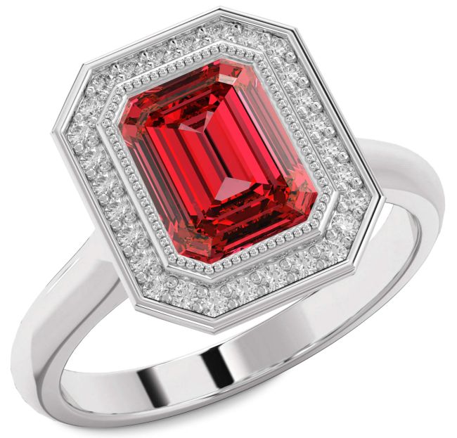 Diamond Ruby Silver Halo Ruby Cut Engagement Ring