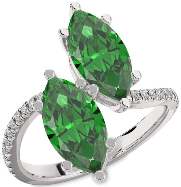 Diamond Emerald Silver Marquise Two Stone Birthstone Ring