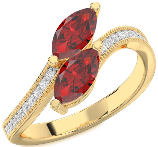 Diamond Ruby Gold Silver Marquise Two Stone Birthstone Ring