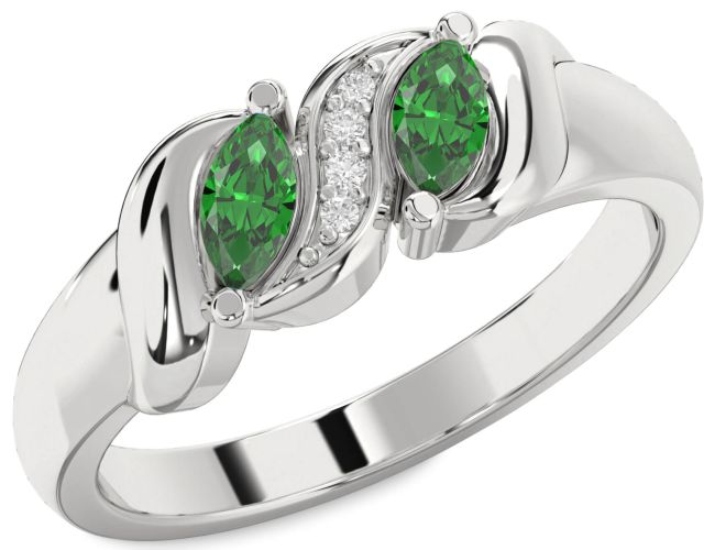 Diamond Emerald Silver Marquise Two Stone Birthstone Ring