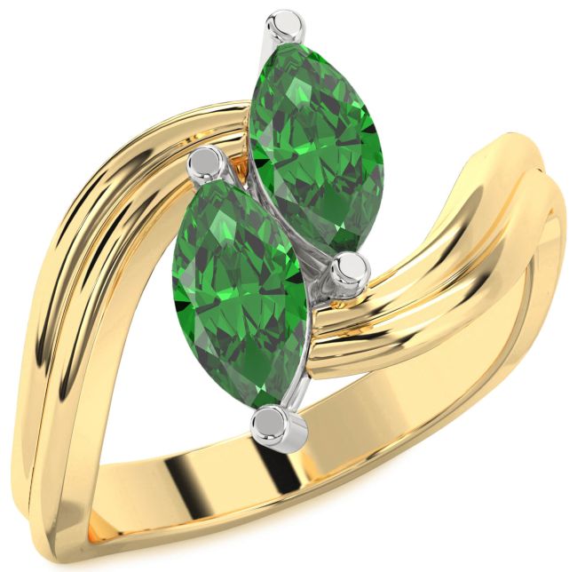 Emerald Gold Silver Marquise Two Stone Birthstone Ring