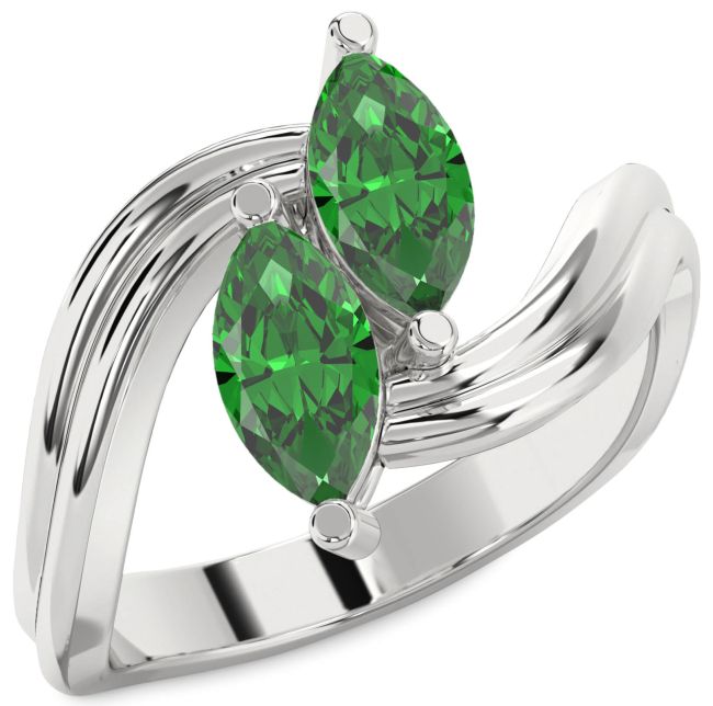 Emerald Silver Marquise Two Stone Birthstone Ring
