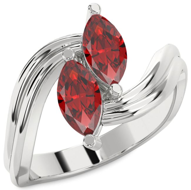 Ruby Silver Marquise Two Stone Birthstone Ring