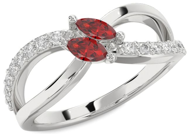 Diamond Ruby Silver Infinity Marquise Two Stone Birthstone Ring